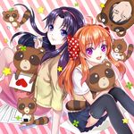  2girls animal_costume black_hair black_legwear blush bow food gekkan_shoujo_nozaki-kun heart highres lips long_hair looking_at_viewer miyako_yukari monogo multiple_girls nozaki_umetarou onigiri orange_hair polka_dot polka_dot_bow purple_eyes purple_hair revision rouman_academy_uniform sakura_chiyo school_uniform short_sleeves sitting skirt star striped striped_background sweater_vest tanuki tanuki_costume thighhighs 