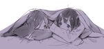  1girl alternate_hairstyle couple hetero kitashirakawa_tamako lying momose_(oqo) monochrome on_stomach one_eye_closed ooji_mochizou pillow short_hair tamako_market under_covers 