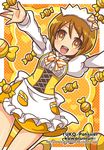  :d apron arms_up bow bowtie brown_eyes brown_hair candy food frills happinesscharge_precure! hat juliet_sleeves katsuma_rei long_sleeves oomori_yuuko open_mouth orange_background orange_bow orange_neckwear polka_dot polka_dot_background precure puffy_sleeves short_hair skirt smile solo striped striped_bow striped_neckwear waist_apron white_bow white_neckwear yellow_skirt 