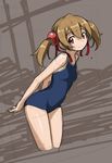  bare_shoulders brown_hair cropped_legs hair_ribbon leaning_forward looking_at_viewer one-piece_swimsuit red_eyes ribbon rohitsuka school_swimsuit shiny shiny_hair silica sketch smile solo swimsuit sword_art_online twintails 