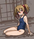  arm_support bare_shoulders blush brown_hair dated embarrassed hair_ribbon one-piece_swimsuit red_eyes ribbon rohitsuka school_swimsuit shiny shiny_hair silica sitting sketch solo swimsuit sword_art_online twintails 