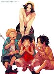  1girl 3boys bandanna black_hair blonde_hair brothers east_blue eyes_closed family freckles hat headwear_removed long_sleeves makino_(one_piece) monkey_d_luffy multiple_boys one_piece open_mouth pole portgas_d_ace sabo_(one_piece) sandals shirt shorts siblings sitting skirt smile stampede_string straw_hat t-shirt tank_top translation_request tsuyomaru younger 
