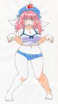  barefoot breasts cleavage curvy full_body hat highres kawachi_koorogi large_breasts marker_(medium) midriff navel pink_eyes pink_hair saigyouji_yuyuko short_shorts shorts simple_background solo tank_top tongue touhou traditional_media triangular_headpiece white_background 