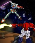  2boys 80s autobot axe battle blue_eyes clenched_hands crossover death_battle energy_gun fighting from_above full_body glowing glowing_eyes glowing_weapon ground_vehicle gun gundam headgear hector_trunnec highres holding holding_weapon insignia looking_at_viewer machine machinery male_focus mecha mobile_suit mobile_suit_gundam motor_vehicle multiple_boys no_humans oldschool optimus_prime personification pose robot rx-78-2 science_fiction shield solo space standing sword transformers truck weapon 
