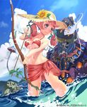  arrow ass_visible_through_thighs bikini blue_eyes bow_(weapon) cloud day flower hair_ribbon hat hat_flower long_hair navel ocean pointy_ears red_bikini red_hair ribbon see-through shingeki_no_bahamut sky solo straw_hat sunflower swimsuit tanaka_noel twintails wading water weapon 