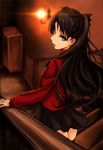  aqua_eyes black_hair blurry depth_of_field fate/stay_night fate_(series) from_behind harino646 long_hair skirt solo stairs toosaka_rin two_side_up 