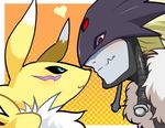  1girl beelzebumon black_sclera blue_eyes commentary_request digimon digimon_tamers eye_contact fang heart looking_at_another red_eyes renamon yuriyuri_(ccc) 