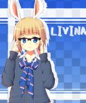  animal_ears bad_id bad_pixiv_id blonde_hair blue_eyes blush checkered checkered_background elin_(tera) glasses highres looking_at_viewer negishio short_hair smile solo tera_online 