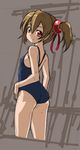  ass bare_shoulders brown_hair cropped_legs from_behind hair_ribbon looking_back one-piece_swimsuit red_eyes ribbon rohitsuka school_swimsuit shiny shiny_hair silica sketch smile solo swimsuit sword_art_online twintails 