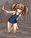  bare_shoulders barefoot brown_hair collarbone hair_ribbon leg_up looking_at_viewer one-piece_swimsuit red_eyes ribbon rohitsuka school_swimsuit shiny shiny_hair silica sketch smile solo standing standing_on_one_leg swimsuit sword_art_online twintails wading water 