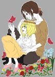  absurdres blonde_hair blue_eyes brown_eyes brown_hair bug butterfly christa_renz flower freckles highres insect multiple_girls shingeki_no_kyojin shinosaki_(sakimng) short_hair sitting sitting_on_lap sitting_on_person ymir_(shingeki_no_kyojin) yuri 