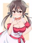  :t animal_ears bare_shoulders blush bow breasts brown_eyes brown_hair cleavage collarbone detached_sleeves dirndl dog_ears dress frills german_clothes gertrud_barkhorn hair_ribbon hand_on_own_chest large_breasts long_hair looking_at_viewer ribbon shiromisoaji solo strike_witches twintails world_witches_series 