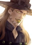  brown_hair gold_teeth green_eyes green_lipstick grin gyro_zeppeli hat jojo_no_kimyou_na_bouken lipstick long_hair makeup male_focus miyasaki1130 smile solo steel_ball_run 