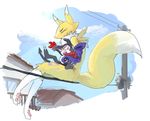  1girl animal_ears closed_eyes digimon digimon_tamers fox_ears fox_tail furry gloves height_difference impmon power_lines red_gloves red_scarf renamon scarf sitting sitting_on_lap sitting_on_person tail yuriyuri_(ccc) 