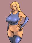 blonde_hair blue_eyes blue_gloves blue_legwear bottomless breasts bridal_gauntlets crop_top curvy elbow_gloves gloves hand_on_hip janne_d'arc large_breasts lips long_hair looking_at_viewer no_panties pink_background pubic_hair pussy rennes smile snk solo sports_bra thick_thighs thighhighs thighs world_heroes 