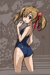  :o ass bare_shoulders brown_hair dated from_behind hair_ribbon looking_back one-piece_swimsuit red_eyes ribbon rohitsuka school_swimsuit shiny shiny_hair silica sketch solo swimsuit sword_art_online twintails 