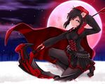  black_hair boots breasts cape cloak corset cross cross-laced_footwear dress full_moon grey_eyes highres hood hooded_cloak knee_boots lace-up_boots medium_breasts moon pantyhose ruby_rose rwby scythe short_hair skirt solo 