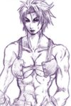  abs bad_id bad_pixiv_id bare_shoulders bloody_roar breasts buttons cleavage collarbone crop_top jeanne_gado large_breasts lips looking_at_viewer monochrome muscle navel parted_lips short_hair shoushiya_biachika simple_background sketch solo spiked_hair sweat taut_clothes underboob 