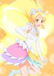  blonde_hair blush boots cure_honey dress earrings eyelashes gloves hair_ornament hair_ribbon happinesscharge_precure! happy high_heel_boots high_heels highres innocent_form_(happinesscharge_precure!) jabara_tornado jewelry long_hair looking_at_viewer magical_girl multicolored multicolored_clothes multicolored_skirt oomori_yuuko open_mouth ponytail precure ribbon skirt smile solo standing white_dress white_gloves yellow_eyes 