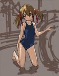  bare_shoulders brown_hair collarbone hair_ribbon kneeling one-piece_swimsuit red_eyes ribbon rohitsuka school_swimsuit shiny shiny_hair silica sketch smile solo swimsuit sword_art_online twintails 