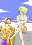  1girl abs barefoot bikini black_hair blonde_hair bloody_roar blue_eyes breasts cigarette cleavage crossed_legs hair_slicked_back jeanne_gado muscle muscular_female red_eyes shenlong_the_tiger sitting small_breasts smoking spiked_hair swimsuit tan tono_(hiiro55) 