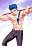  blue_hair earrings fate/stay_night fate_(series) jewelry lancer long_hair looking_at_viewer male_focus naughty_face pants polearm ponytail red_eyes shiny shiny_skin shirtless smile solo spear weapon zen 
