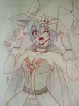  1girl aqua_(kingdom_hearts) belt blue_eyes blue_hair breasts cape cleavage fang gloves halloween hat kingdom_hearts medium_breasts short_hair wink witch_hat 