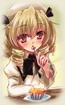  blonde_hair blush bow drill_hair eating food fork hat luna_child open_mouth red_eyes short_hair sketch solo sweets touhou wings yamu_(reverse_noise) 