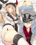  akame_ga_kill! all_fours ass bismarck_(kantai_collection) black_panties blonde_hair blue_eyes blue_hair boots breasts cleavage cosplay costume_switch crossover detached_sleeves esdeath grey_legwear hat hews_hack kantai_collection large_breasts look-alike multiple_girls panties parody peaked_cap thigh_boots thighhighs thong topless underwear white_legwear 