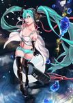  aqua_eyes aqua_hair boots breasts cable camisole elbow_gloves gloves hatsune_miku headphones highres lips long_hair midriff navel nose short_shorts shorts small_breasts solo spot_(artist) striped striped_shorts tattoo thigh_boots thighhighs twintails very_long_hair vocaloid 