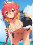  bell bikini braid breasts cleavage crown day flower hair_bell hair_between_eyes hair_flower hair_ornament hibiscus hood hoodie large_breasts leaning_forward long_hair looking_at_viewer navel oda_nobunaga_(sengoku_collection) open_clothes outdoors pink_hair sengoku_collection short_hair single_braid smile solo stuffed_toy swimsuit tenchisouha tiara whale yellow_eyes 