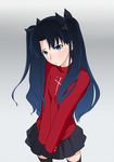  black_hair blue_eyes fate/stay_night fate_(series) hair_ribbon long_hair ribbon sleeves_past_wrists solo thighhighs toosaka_rin two_side_up wata_do_chinkuru 