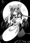  animal_ears bare_shoulders blush brooch dress fang fingernails full_moon greyscale imaizumi_kagerou jewelry long_hair long_sleeves looking_at_viewer monochrome moon night open_mouth paw_pose rindou_matsuri sky solo star_(sky) starry_sky touhou wolf_ears 