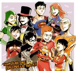  4girls 5boys alien aqua_man arrow artemis_crock bat_(symbol) batman batman_(cosplay) belt billy_batson black_hair blonde_hair blue_eyes bodysuit bow bowtie brown_eyes candy cape cosplay cowl crossed_arms dark_skin dc_comics dick_grayson domino_mask earrings everyone facial_hair fake_mustache freckles gloves green_arrow green_eyes green_skin halloween hat hood icon_(dc) jack-o&#039;-lantern jack-o'-lantern jewelry kaldur&#039;ahm kaldur'ahm lightning_bolt martian_manhunter mask miss_martian multiple_boys multiple_girls mustache open_mouth orange_hair raquel_ervin red_hair s_shield sen_(pixiv111638) shazam smile superboy superman superman_(cosplay) the_flash top_hat waistcoat wally_west wand young_justice:_invasion zatanna_zatara 