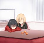  2girls bangs black_hair black_hoodie blanket blonde_hair blush closed_mouth curtains drawstring eyebrows_visible_through_hair eyelashes eyes_closed food fruit hair_between_eyes highres hood hood_down indoors kotatsu leaning_on_person long_hair long_sleeves low-tied_long_hair mandarin_orange multiple_girls original parted_lips piripun red_sweater short_hair sidelocks sleeping smile sweater table television wavy_mouth yuri 