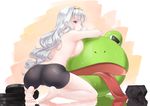  animal_costume ass banned_artist barefoot bike_shorts breast_press breasts cameltoe frog_costume hairband idolmaster idolmaster_(classic) kneeling large_breasts long_hair looking_back nigiriushi purple_eyes reflection shijou_takane sideboob silver_hair solo sweat toes topless 