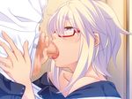  1girl blush censored collarbone ears face fellatio game_cg glasses nana_g nose onee-chan_saimin_before_after oral penis pink_eyes saliva short_hair standing testicles tongue white_hair 