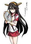  black_hair brown_eyes hairband haruna_(kantai_collection) hirayama_(hirayamaniwa) kantai_collection long_hair racket smile sportswear standing tennis_racket tennis_uniform very_long_hair 