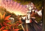  animal_ears bird building cloud cloudy_sky crow detached_sleeves hat inubashiri_momiji leaf looking_at_viewer minamina outdoors parted_lips pom_pom_(clothes) red_eyes ribbon-trimmed_clothes ribbon_trim shirt short_hair silver_hair skirt sky solo standing sword tail tokin_hat touhou tree water water_wheel waterfall weapon wolf_ears wolf_tail 