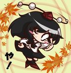  black_hair blush_stickers chibi hand_on_hip hat leaf looking_at_viewer maple_leaf one_eye_closed shameimaru_aya short_hair skirt smile solo tokin_hat touhou ziogon 