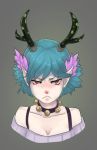  1girl antlers artist_request bare_shoulders bell blue_hair breasts c_(control) choker cleavage hair_ornament head_wings highres horns pointy_ears q_(control) red_eyes red_nose short_hair solo 