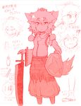  1girl animal_ears bare_shoulders blush detached_sleeves fang hat inubashiri_momiji kitsunetsuki_itsuki looking_at_viewer monochrome pom_pom_(clothes) shield short_hair solo sword tail tokin_hat touhou translation_request weapon wolf_ears wolf_tail 