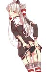  1girl amatsukaze_(kantai_collection) amatsukzae_(kantai_collection) angry artist_request ass black_dress black_panties blush choker dress female from_behind garter_straps hair_tubes kantai_collection long_hair looking_at_viewer panties red_eyes sailor_dress shiny shiny_clothes silver_hair solo striped striped_legwear thighhighs torn_clothes twintails underwear wavy_mouth worldless 