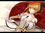  ahoge artoria_pendragon_(all) bare_shoulders blonde_hair bow caliburn detached_sleeves dress fate/stay_night fate/unlimited_codes fate_(series) fengchuilizili gloves green_eyes hair_bow hand_on_hilt long_hair ponytail saber saber_lily solo 