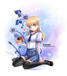  alternate_costume artist_name bandanna bangs black_legwear blonde_hair blue_eyes blue_necktie blue_skirt female hair_ornament hairclip kneeling moda necktie one_piece pleated_skirt portgas_d_ace sitting skirt solo thighhighs wariza yumiyokiak 