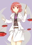  :3 belt drumsticks horikawa_raiko jacket mitsudomoe_(shape) necktie plaid plaid_shirt puchimirin purple_neckwear red_eyes red_hair shirt short_hair skirt tomoe_(symbol) touhou 