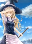  arm_up blonde_hair blue_sky broom cloud cowboy_shot day erio_patrol hat highres kirisame_marisa lens_flare long_hair looking_at_viewer midriff open_mouth shading_eyes sky solo touhou witch_hat yellow_eyes 