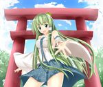  bare_shoulders blue_sky blush breasts cloud cloudy_sky day detached_sleeves frog_hair_ornament green_eyes green_hair hair_ornament hair_tubes kochiya_sanae large_breasts long_hair looking_at_viewer nitoridio open_mouth outstretched_arm plant sky smile snake_hair_ornament solo torii touhou tree very_long_hair 