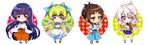  ;) apron bad_id bad_pixiv_id bow brown_hair chibi eyebrows green_hair hair_bow highres honshou_sakuya japanese_clothes jinguu_yakumo long_hair maid miko miyabi_mahore multiple_girls natsu_hotaru one_eye_closed original otonashi_nagi pink_hair red_eyes school_uniform serafuku short_hair skirt smile twintails wide_sleeves 