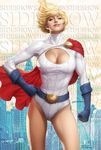  belt blonde_hair blue_eyes breasts cape cleavage cleavage_cutout dc_comics gloves hand_on_hip large_breasts leotard power_girl short_hair smirk solo stanley_lau superhero watermark 